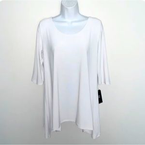 New NWT CLARA SUN WOO Round Neck Tunic Sharkbite Hem 3/4 Sleeve Stretch White S